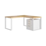 Bílý rohový psací stůl s dřevěnou horní deskou loft + podstavec