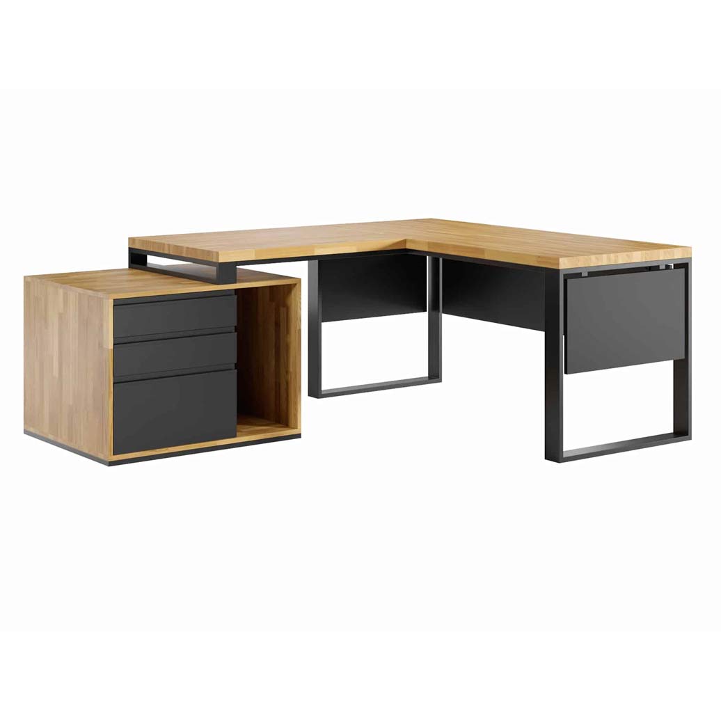 rohový stůl s dřevěnou deskou