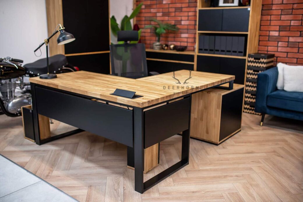 Biurko narożne czarne loft do nowoczesnego biura i gabinetu