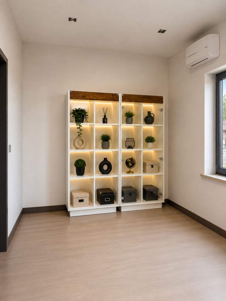 Regál s LED osvětlením a vitrína do obývacího pokoje pro paní Agatu z Varšavy