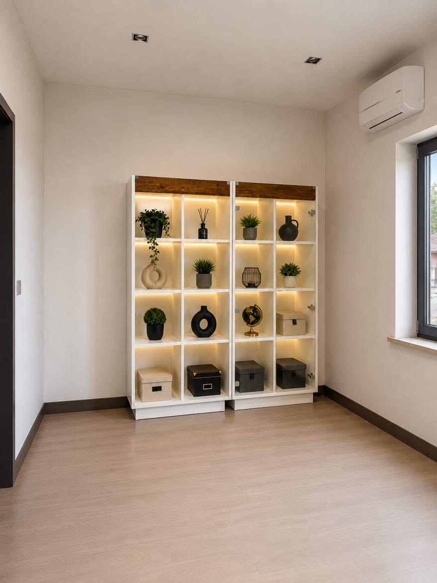 Regál s LED osvětlením a vitrína do obývacího pokoje pro paní Agatu z Varšavy
